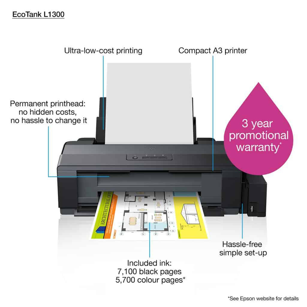 Epson L1300 Ink Tank colour printer prints up to A3+ size for sublimation